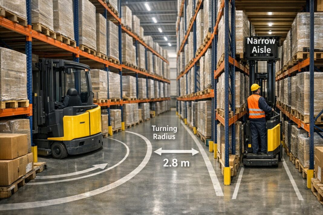 Радіус розвороту та ширина проходів: прихована економія площі складуРадіус розвороту та ширина проходів: прихована економія площі складу