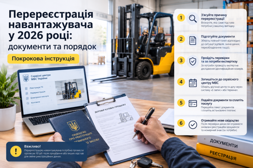 Перереєстрація навантажувача у 2026 році Перереєстрація навантажувача: коли потрібна і які документи підготувати
